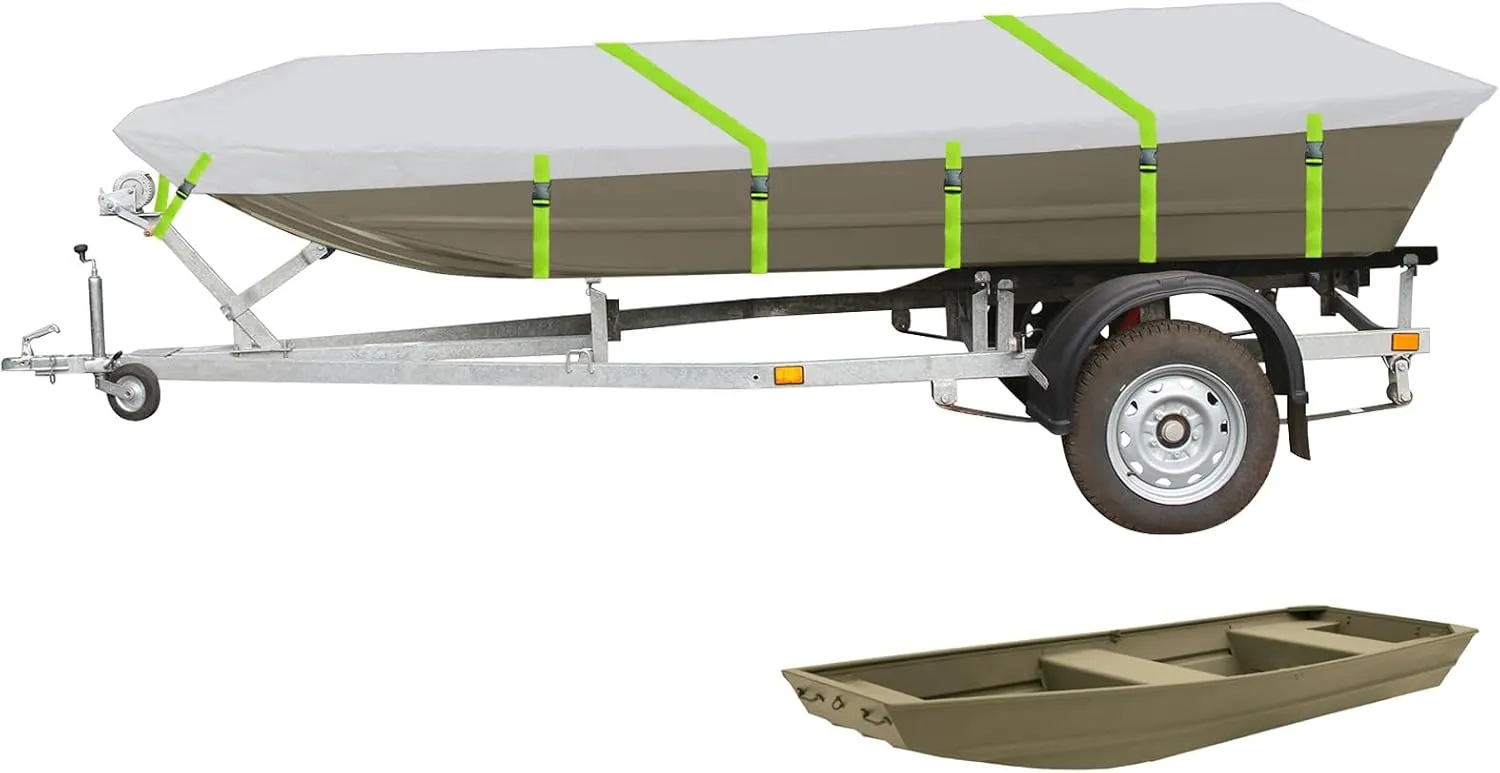 Jon Boat Cover Fit Tracker Grizzly 1436, 900D Marine Grade Polyester Canvas with PU Coating, 12-14ft Waterproof Boat Cover & UV Resistant [Motor Cover Included]