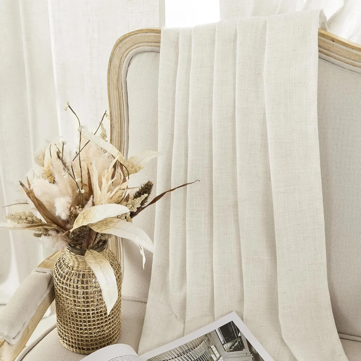 Joydeco Linen Curtains 96 inch Length 2 Panel Set,Light Filtering Curtain for Living Room Bedroom Curtains 52 inch Wide Drapes with Rod Pocket Back Tab Farmhouse Curtain (96" Lx52 W, Ivory on Linen)