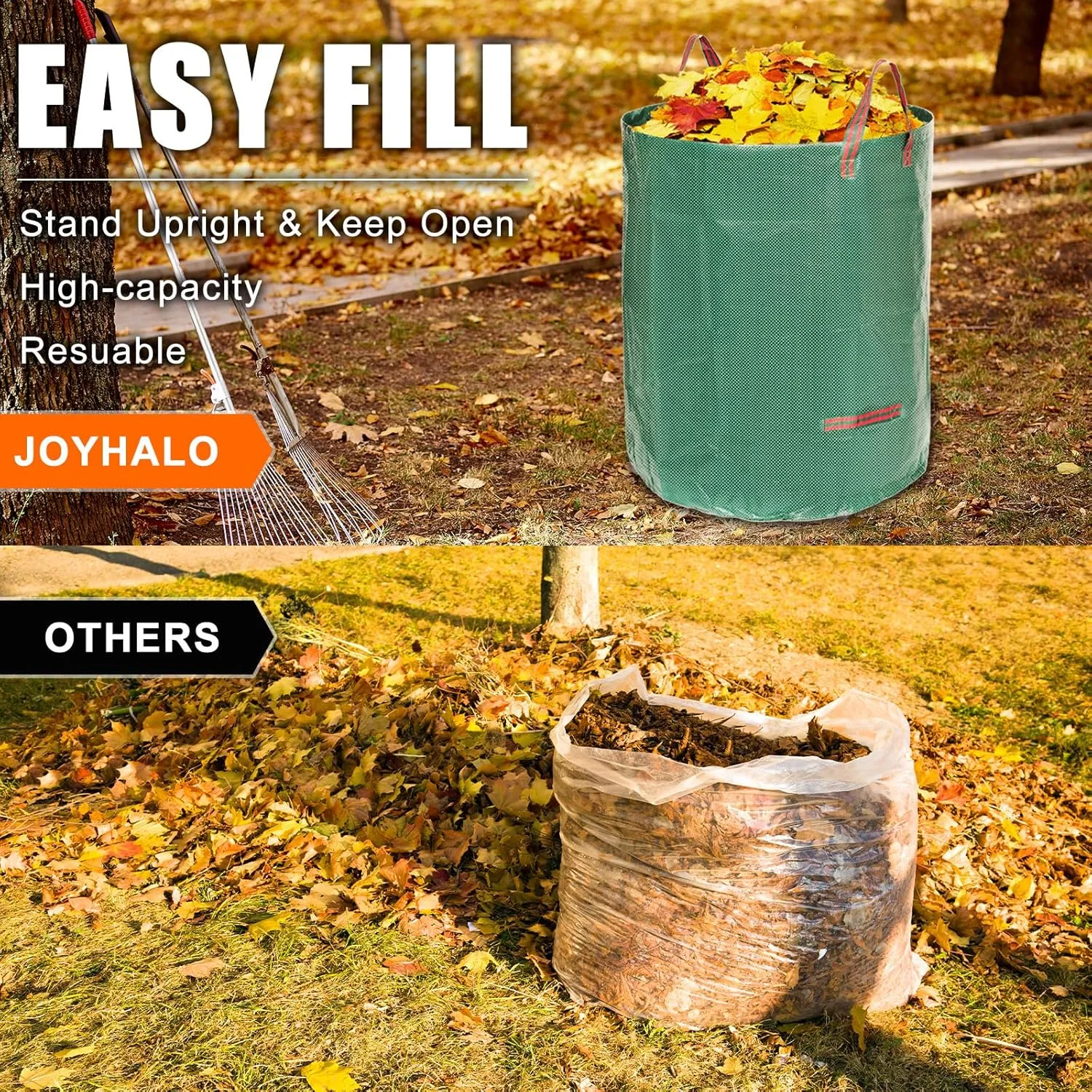 Joyhalo Reusable Yard Waste Bags, 132 Gallon Lawn And Leaf Bags 3 Pack, Heavy Duty Garden Bags With Gardening Gloves, Standable Garden Waste Bag With 4 Handles, Camping Yard Recycling Bag For Leaves