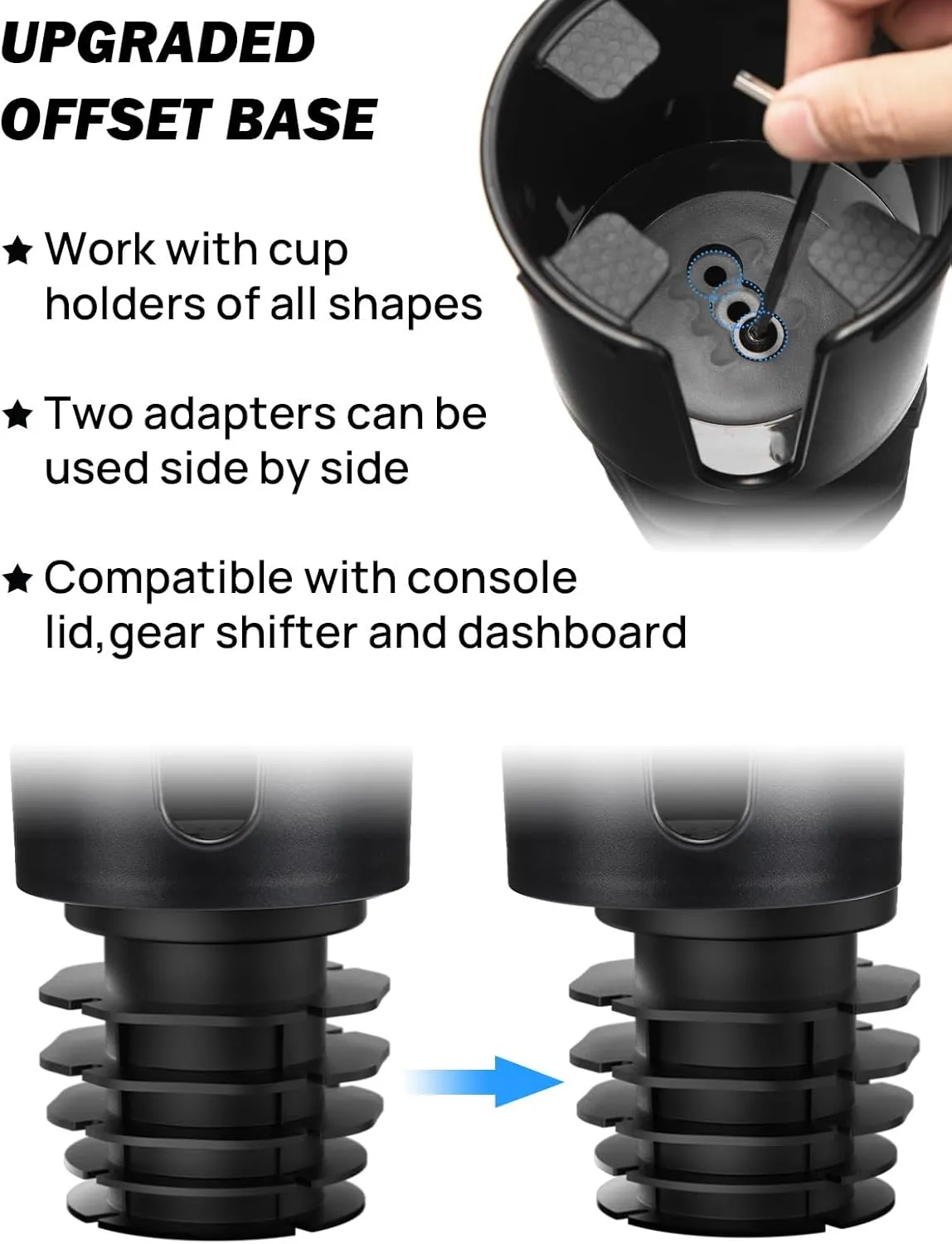 JOYTUTUS 2 Pack Car Cup Holder Expander with Offset Base, Fit for YETI, Hydro Flask, Cup Holder Expander for Car Hold 18-40 oz Bottles and Mugs, Other Bottles in 3.4"-3.8"