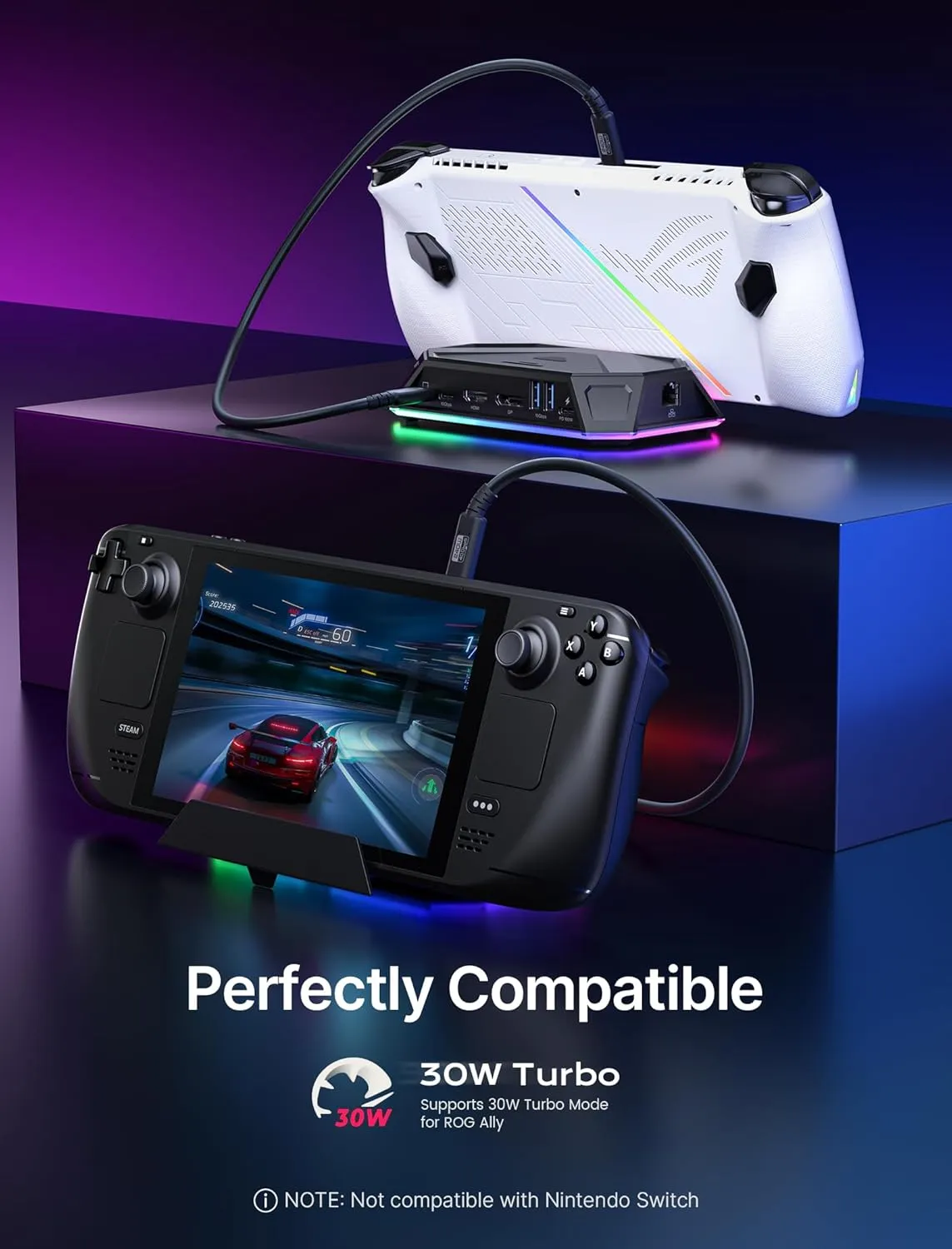 JSAUX RGB Docking Station for Steam Deck (OLED)/ROG Ally/Legion Go, 12-in-1 Handheld Dock with 4K@120Hz HDMI & DisplayPort Gigabit Ethernet USB C 3.2 USB A 3.2/2.0, SD/TF Slots 3.5mm Jack-HB1201S