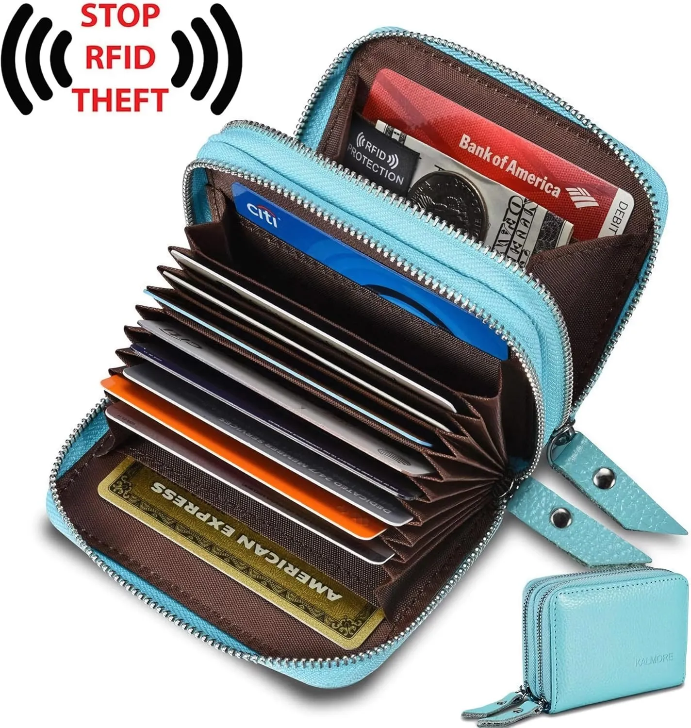 KALMORE Women's Leather RFID Secured Spacious Cute Zipper Card Wallet Small Purse