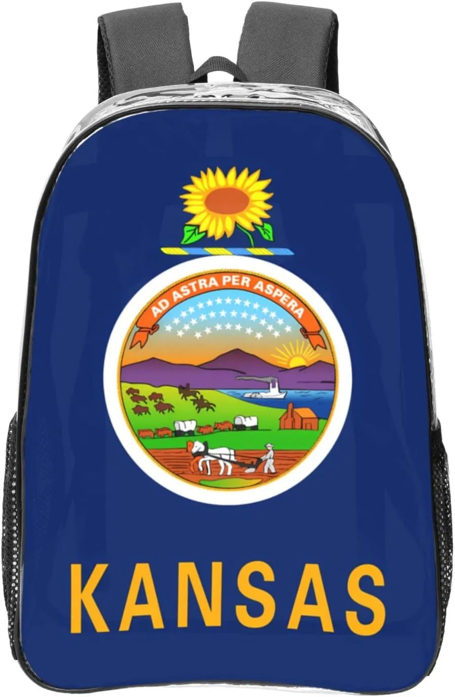 Kansas State Flag Transparent Backpack-16-Inch Pvc Clear Backpack With Side Pockets,Black