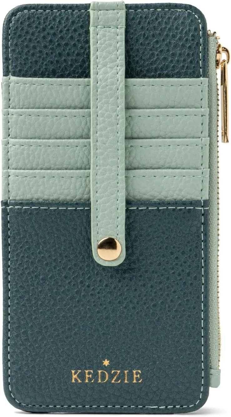 KEDZIE Essentials Only Women's Zippered Wallet in Vegan Leather Small Card Holder Wallet Exterior ID Window - Teal V2