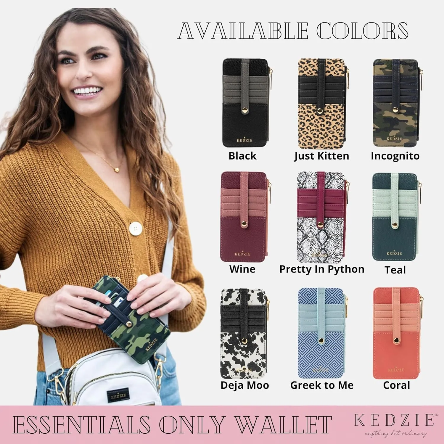 KEDZIE Essentials Only Women's Zippered Wallet in Vegan Leather Small Card Holder Wallet Exterior ID Window - Teal V2