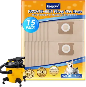 KEEPOW DXVA19-4101 Shop Vac Bags Compatible with DEWALT, Vacuum Bags for Dewalt 6-10 Gallon DXV06P, DXV09P, DXV09PA, DXV10P, DXV10PL, DXV10S, DXV10SA, DXV10SB, Disposable Filter Bag, 15 Pack