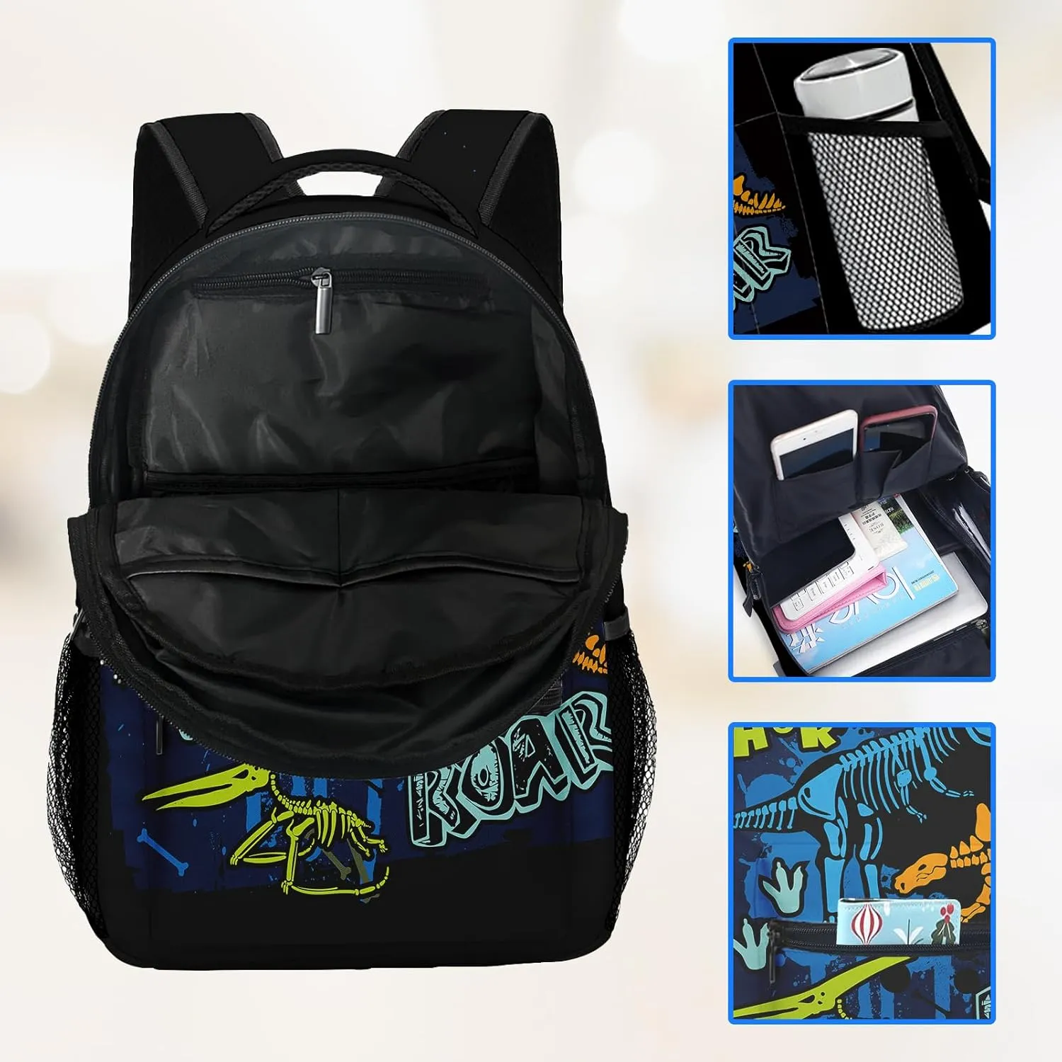 Kids Backpack for Teens Girls Boys, Dinosaur Skeleton Kids Cute Green Dino Water Resistant Child Bookbag School Bag with Adjustable Padded Straps