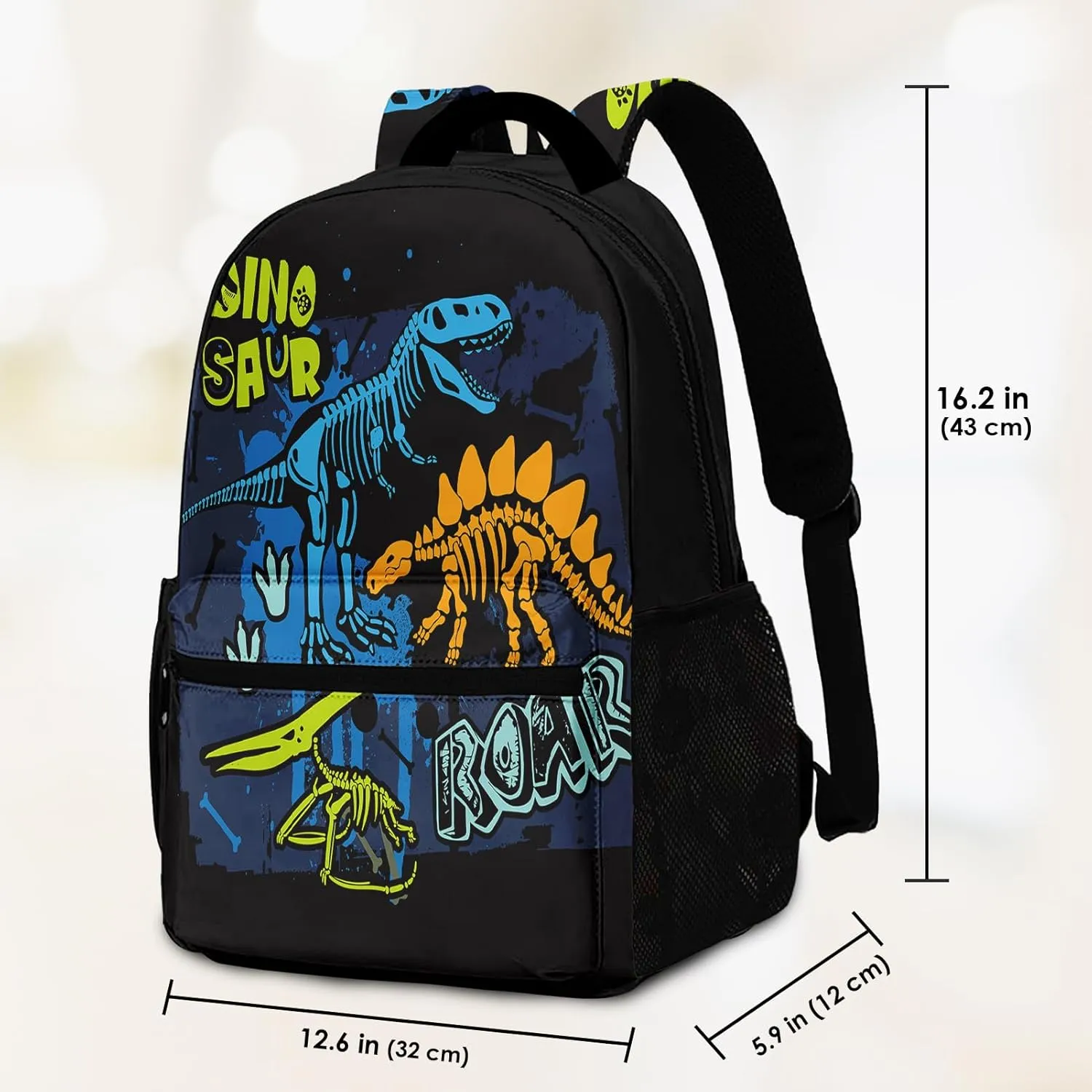 Kids Backpack for Teens Girls Boys, Dinosaur Skeleton Kids Cute Green Dino Water Resistant Child Bookbag School Bag with Adjustable Padded Straps