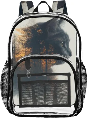 Kids PVC Clear Backpack Cat Double Exposure Heavy Duty Multi-pockets Large Capacity Transparent See Through Bookbag for School Travel Sport Work