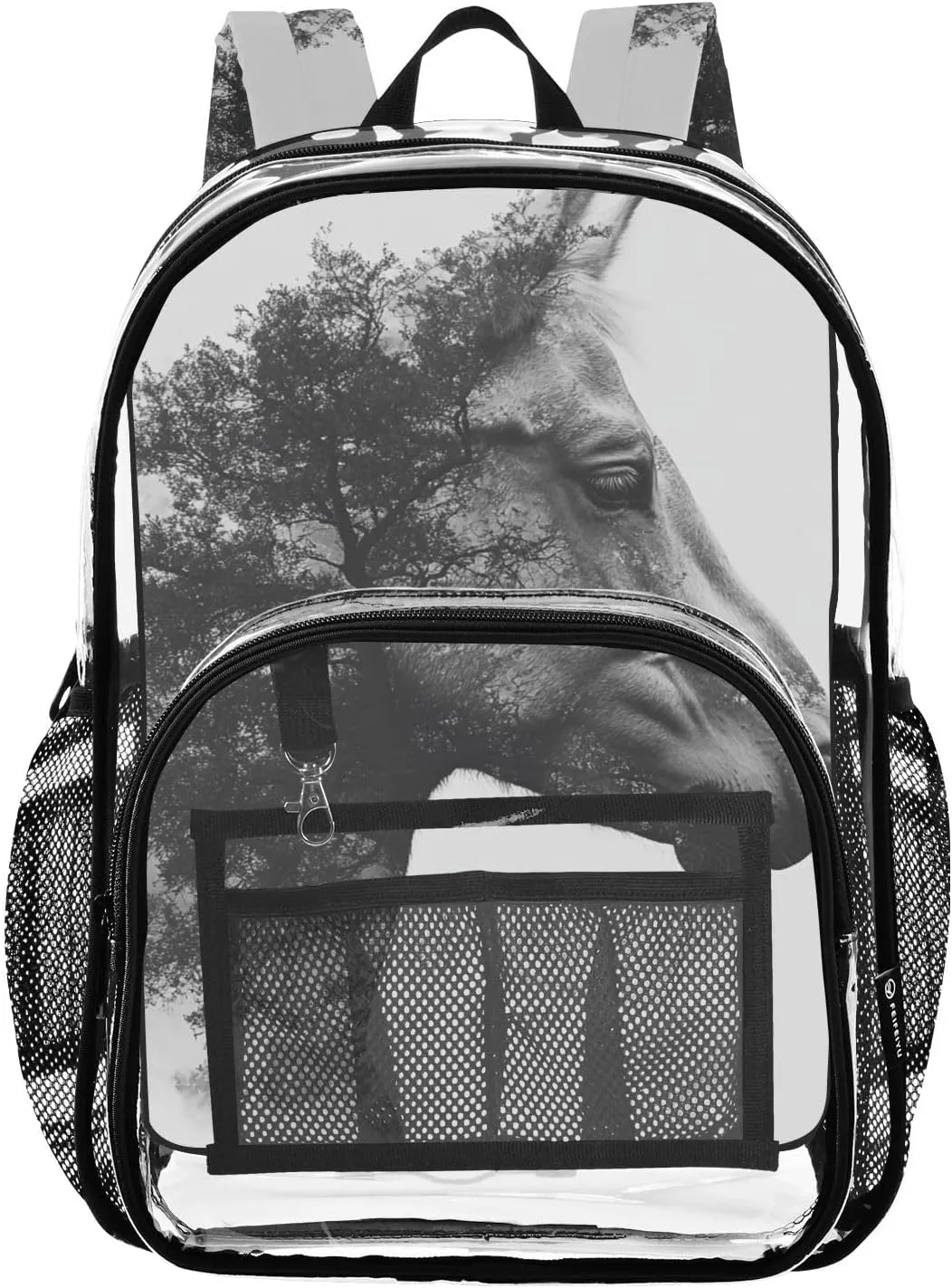 Kids PVC Clear Backpack Horse Portrait Double Exposure Heavy Duty Multi-pockets Large Capacity Transparent See Through Bookbag for School Travel Sport Work
