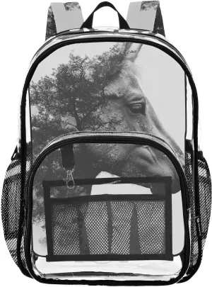 Kids PVC Clear Backpack Horse Portrait Double Exposure Heavy Duty Multi-pockets Large Capacity Transparent See Through Bookbag for School Travel Sport Work