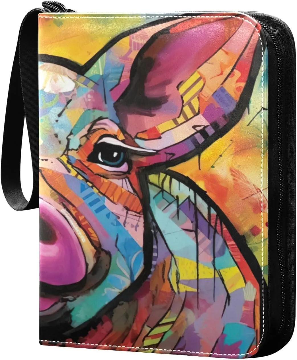 Kigai Colorful Art Pig Trading Card Binder with Sleeves PU Leather Holds 400 Cards,Double Sided Trading Card Folder with Zipper Collection Binder Album Book Case for Boys Girls