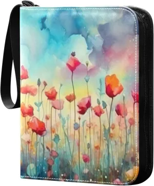 Kigai Trading Card Binder with 50 Sleeves, 400 Pockets PU Zipper Card Collection Binder 4-Pocket Portable Card Folder for Sports Cards, Game Cards (Art Flowers Painting)