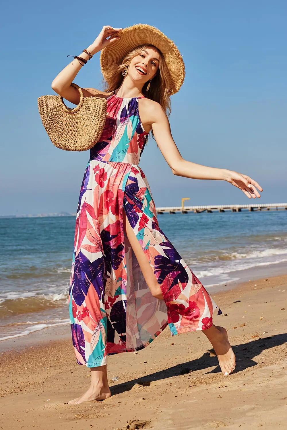 KILIG Women's Summer Maxi Dress 2025 Casual Sleeveless Split Floral Sundress Beach Vacation Flowy Long Dresses