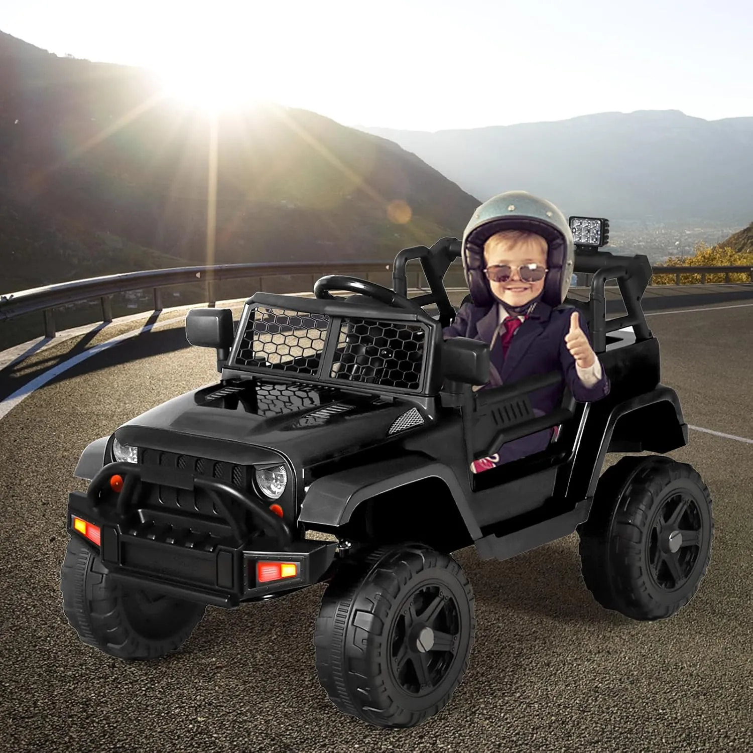Kinder King 12V Kids Ride on Car Truck, Battery Powered Electric SUV w/ 2.4G Remote Control, Spring Suspension, 3 Speeds, 2 Motor, Double Open Doors, Music, Horn, LED Lights, Safety Belt, USB, Black