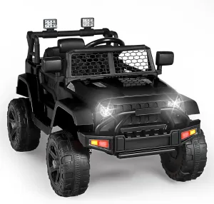 Kinder King 12V Kids Ride on Car Truck, Battery Powered Electric SUV w/ 2.4G Remote Control, Spring Suspension, 3 Speeds, 2 Motor, Double Open Doors, Music, Horn, LED Lights, Safety Belt, USB, Black