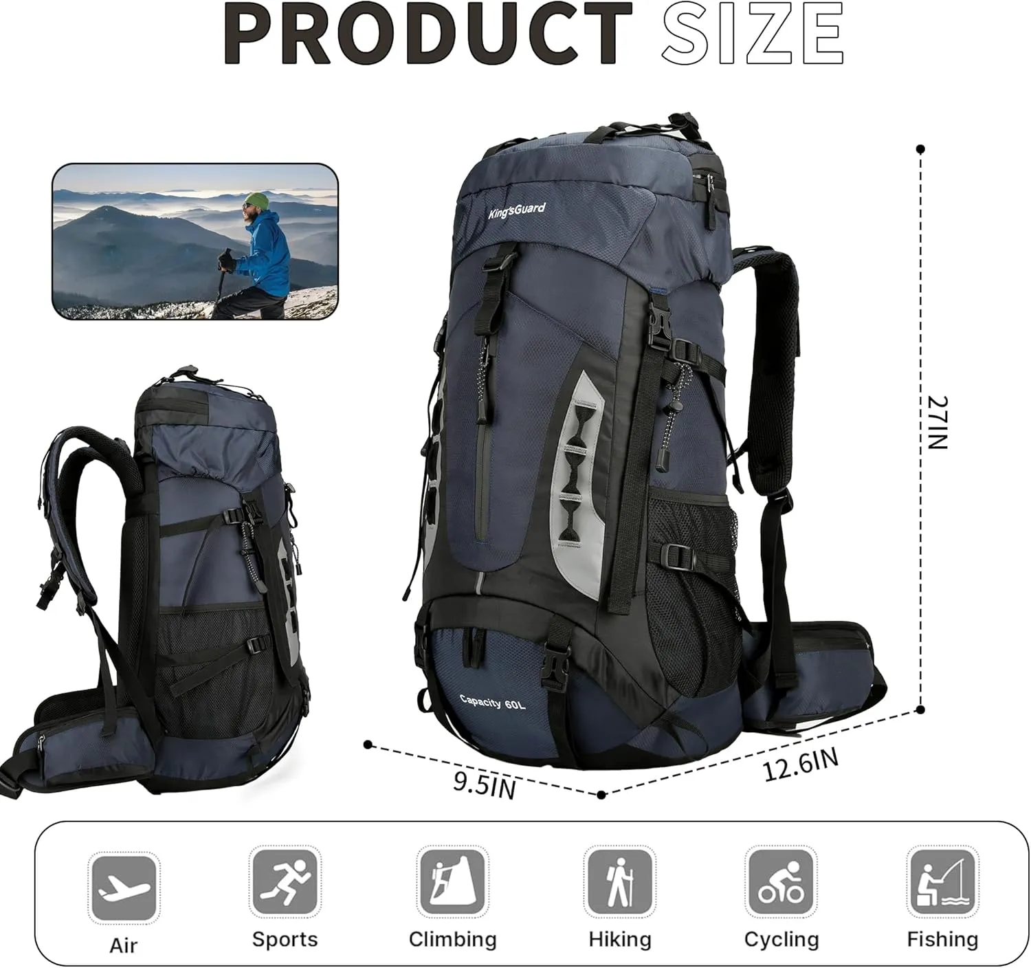 King'sGuard 60L Hiking Backpack Men Women Camping Backpack Waterproof Backpacking Mountaineering Climbing Daypack with Rain Cover (Navy)