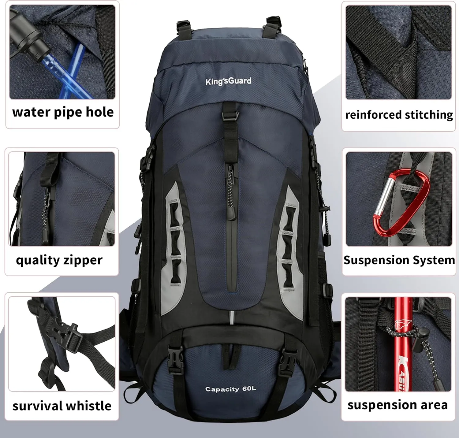 King'sGuard 60L Hiking Backpack Men Women Camping Backpack Waterproof Backpacking Mountaineering Climbing Daypack with Rain Cover (Navy)