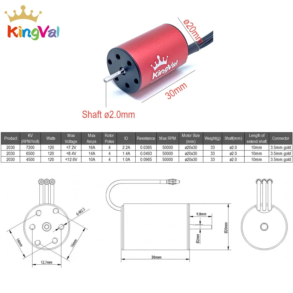 KingVal Replacement 2030 6500KV Waterproof Brushless Motor Shaft 2mm with 25A Brushless ESC and Program Card Combo Compatible with 1/18 1/20 RC Car