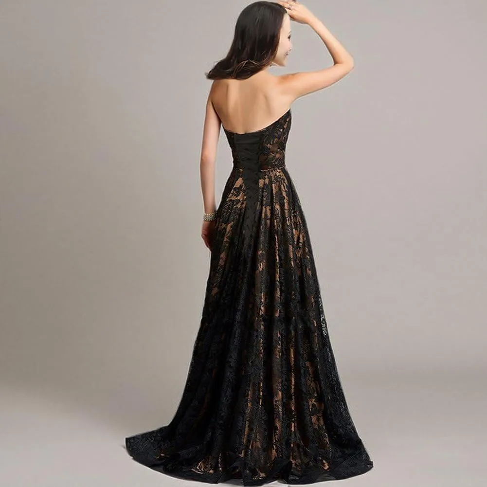 Kivary Strapless Black Lace High Low Long A Line Corset Prom Evening Formal Dresses