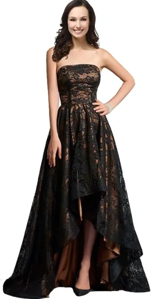 Kivary Strapless Black Lace High Low Long A Line Corset Prom Evening Formal Dresses