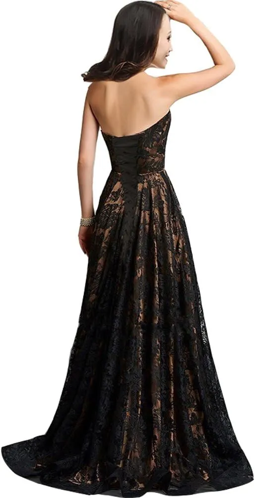 Kivary Strapless Black Lace High Low Long A Line Corset Prom Evening Formal Dresses