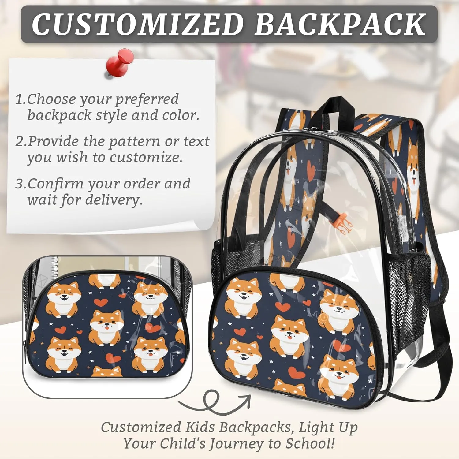 KOBLEN Dark Shiba Hearts Stars 14.2 Inch Clear Backpack, Heavy Duty Transparent PVC Daypack with Adjustable Padded Straps, Large Capacity Clear Bag for Festival, Concerts, Travel