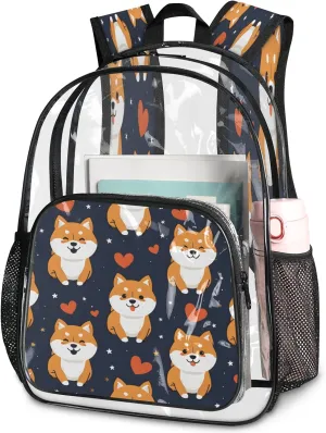 KOBLEN Dark Shiba Hearts Stars 14.2 Inch Clear Backpack, Heavy Duty Transparent PVC Daypack with Adjustable Padded Straps, Large Capacity Clear Bag for Festival, Concerts, Travel