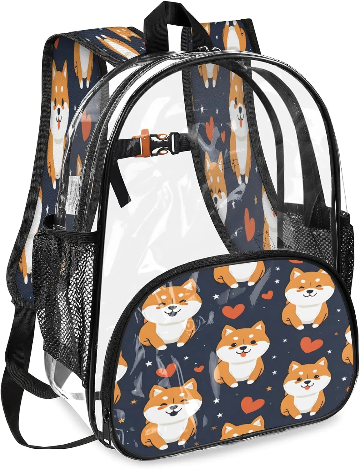 KOBLEN Dark Shiba Hearts Stars 14.2 Inch Clear Backpack, Heavy Duty Transparent PVC Daypack with Adjustable Padded Straps, Large Capacity Clear Bag for Festival, Concerts, Travel