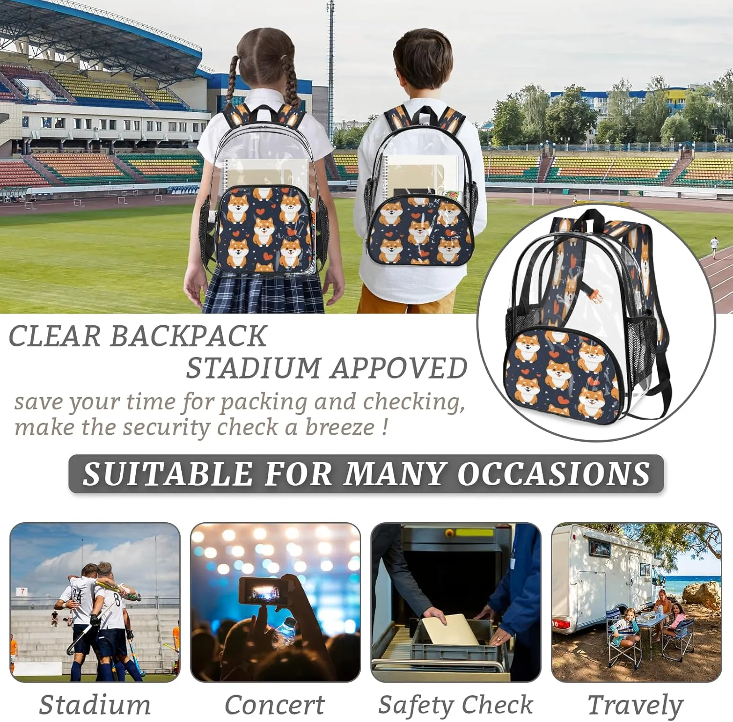 KOBLEN Dark Shiba Hearts Stars 14.2 Inch Clear Backpack, Heavy Duty Transparent PVC Daypack with Adjustable Padded Straps, Large Capacity Clear Bag for Festival, Concerts, Travel