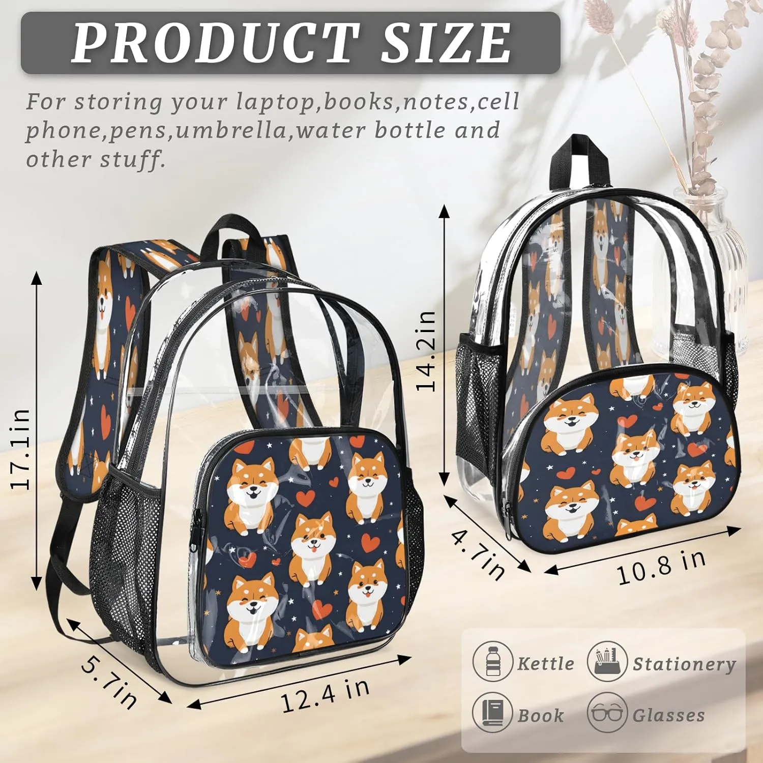 KOBLEN Dark Shiba Hearts Stars 14.2 Inch Clear Backpack, Heavy Duty Transparent PVC Daypack with Adjustable Padded Straps, Large Capacity Clear Bag for Festival, Concerts, Travel