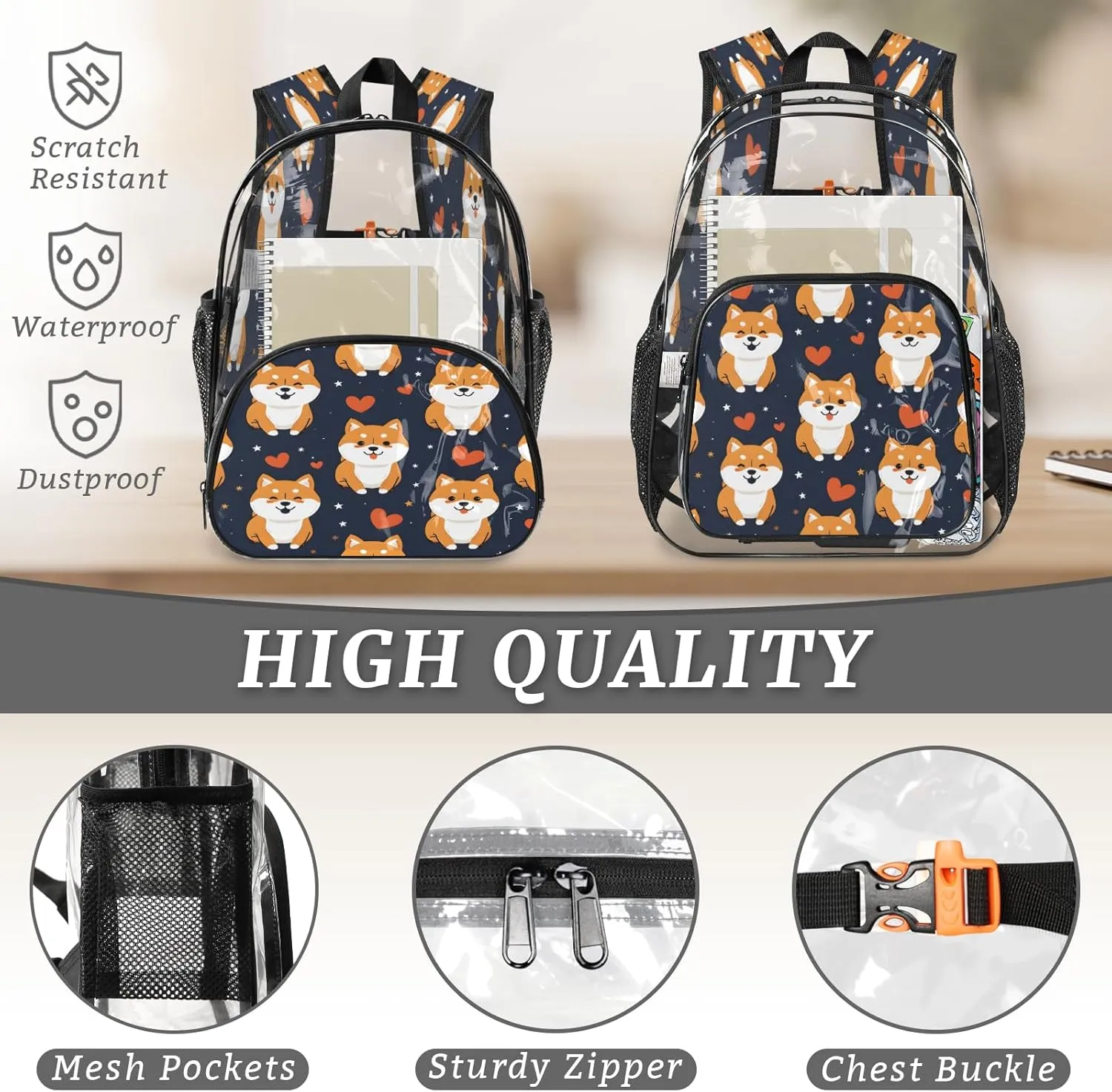 KOBLEN Dark Shiba Hearts Stars 14.2 Inch Clear Backpack, Heavy Duty Transparent PVC Daypack with Adjustable Padded Straps, Large Capacity Clear Bag for Festival, Concerts, Travel
