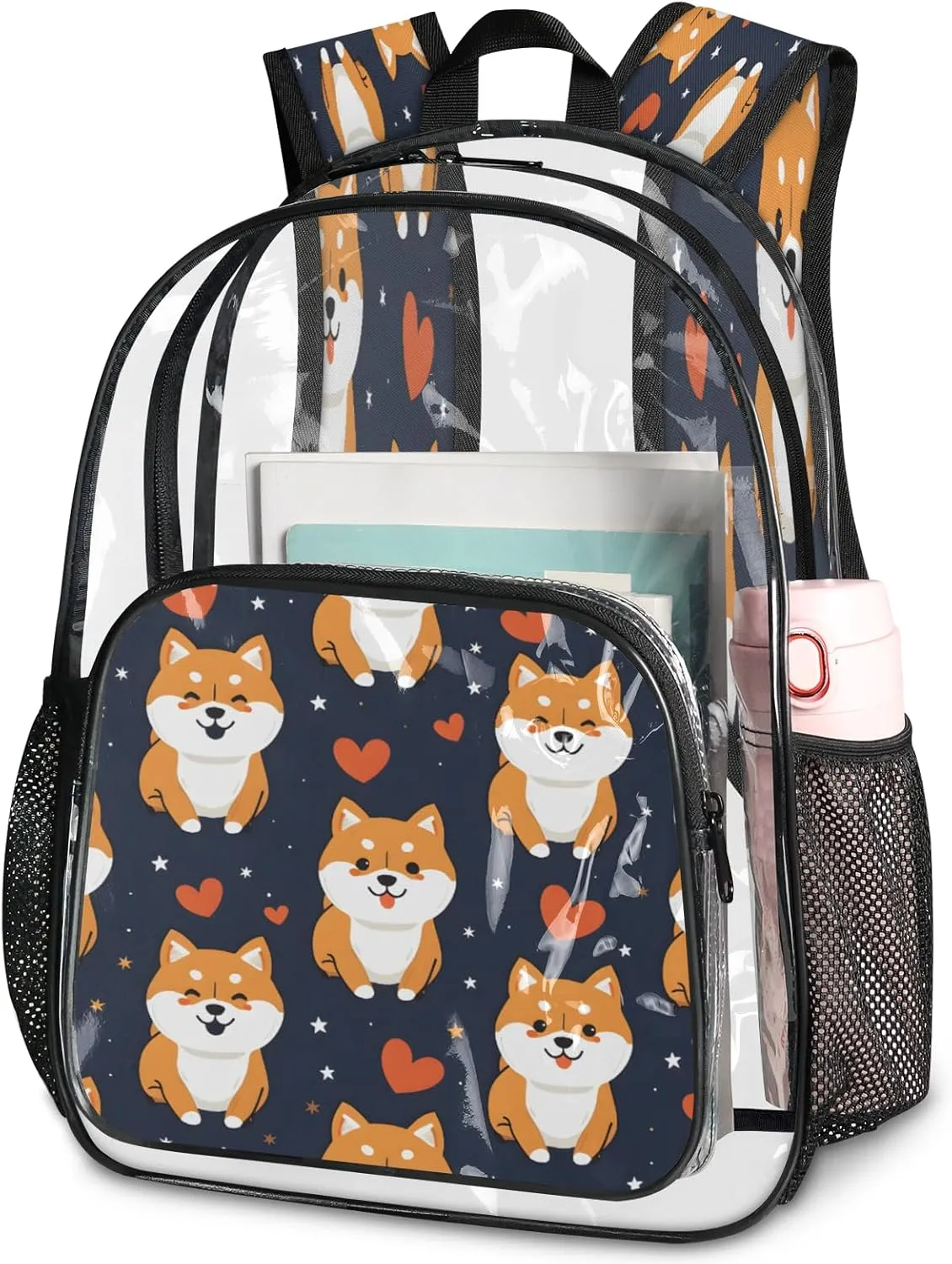 KOBLEN Dark Shiba Hearts Stars 14.2 Inch Clear Backpack, Heavy Duty Transparent PVC Daypack with Adjustable Padded Straps, Large Capacity Clear Bag for Festival, Concerts, Travel