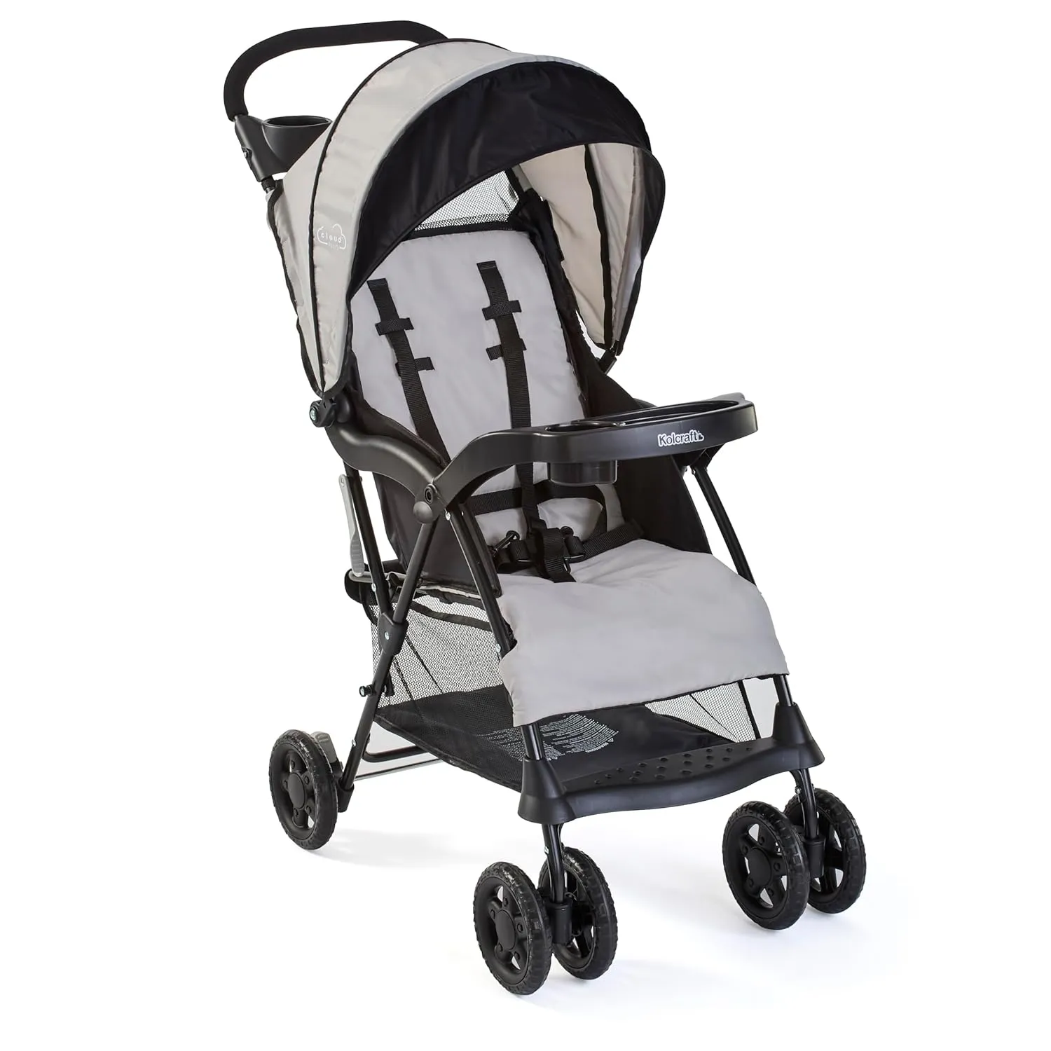 Kolcraft Cloud Plus Lightweight Toddler Umbrella Baby Stroller with Large Storage Basket and Canopy, Reclining Seat, Child and Parent Trays, Compact Easy Fold for Summer Travel - Slate Gray