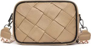 Kseymeir Shoulder Crossbody Bag for Women Woven Leather Handbag Purse Trendy Bag with Adjustable Strap (Khaki)