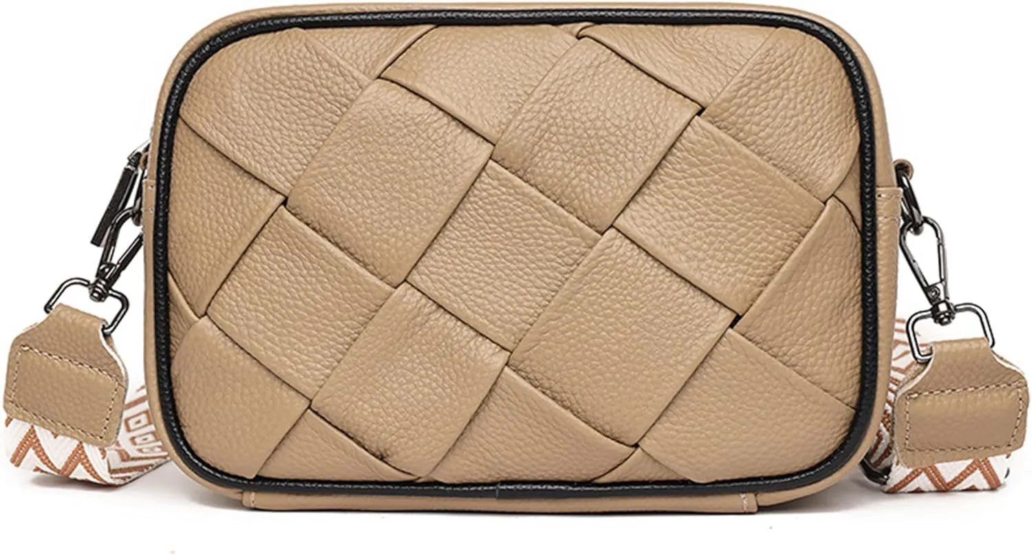 Kseymeir Shoulder Crossbody Bag for Women Woven Leather Handbag Purse Trendy Bag with Adjustable Strap (Khaki)
