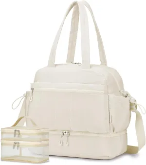 KSIBNW Gym Bag for Women Travel Duffle Bag, Water Resistant Carry on Weekender with Wet Pocket and Shoes Compartment Lightweight Personal Item Travel Bags for Yoga Hospital, with Makeup-bag, White