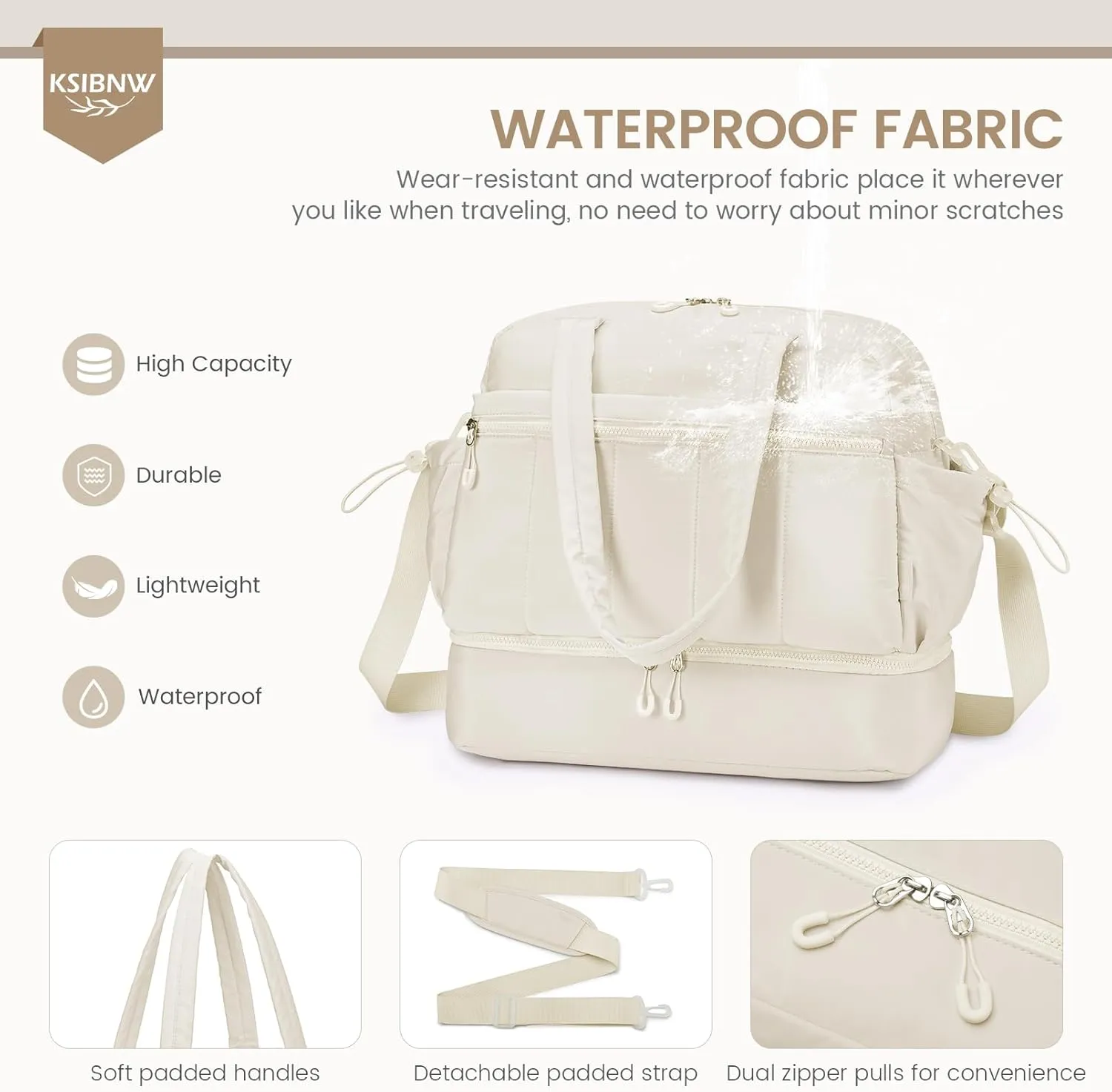KSIBNW Gym Bag for Women Travel Duffle Bag, Water Resistant Carry on Weekender with Wet Pocket and Shoes Compartment Lightweight Personal Item Travel Bags for Yoga Hospital, with Makeup-bag, White