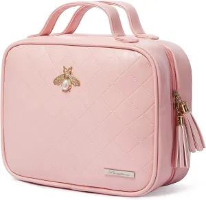 LACATTURA Hanging Toiletry Bag for Women, Leather Travel Makeup Bag, Large Cosmetic Organizer, 4 Layers Portable Waterproof Hygiene Bag, Bathroom Organizer for Shampoo, Make up, Personal Item, Pink