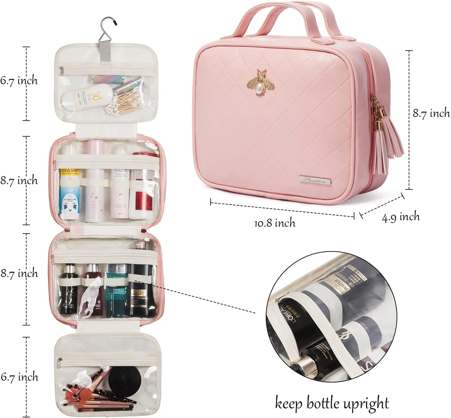 LACATTURA Hanging Toiletry Bag for Women, Leather Travel Makeup Bag, Large Cosmetic Organizer, 4 Layers Portable Waterproof Hygiene Bag, Bathroom Organizer for Shampoo, Make up, Personal Item, Pink