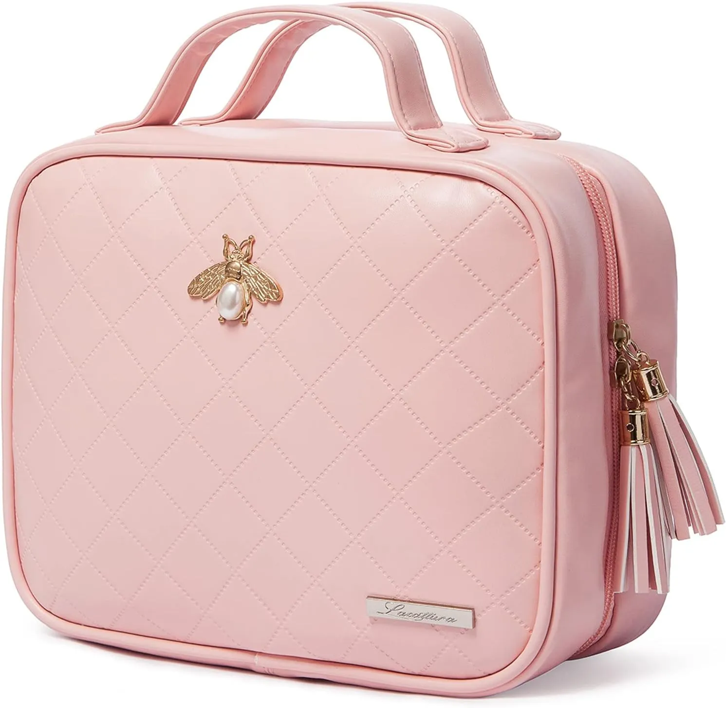 LACATTURA Hanging Toiletry Bag for Women, Leather Travel Makeup Bag, Large Cosmetic Organizer, 4 Layers Portable Waterproof Hygiene Bag, Bathroom Organizer for Shampoo, Make up, Personal Item, Pink