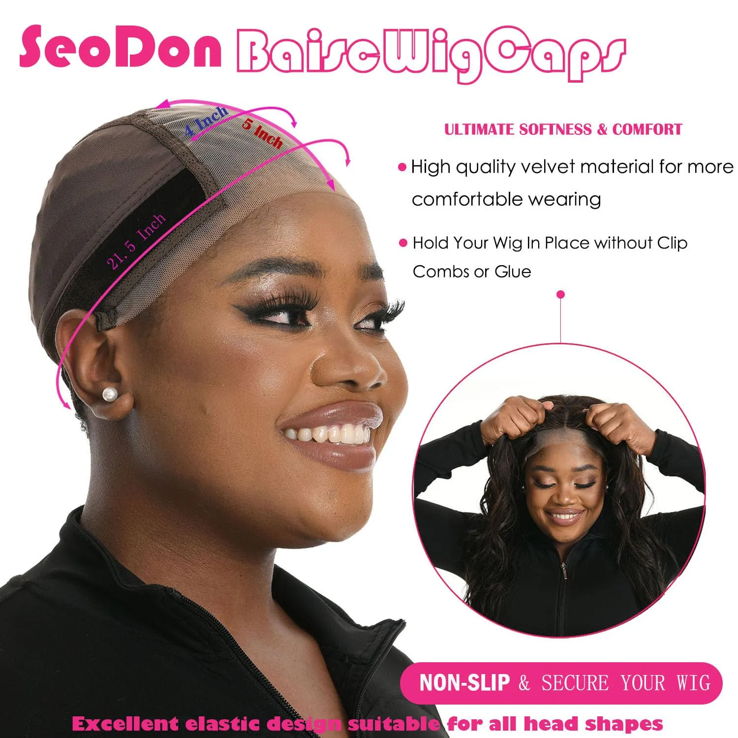 Lace Wig Grip Cap for Women 4x5 Transparent Lace Wig Caps Non Slip Wig Gripper for Keeping Wigs In Place Adjustable Wig Cap with Grip Headband Make Your Wigs Glue Free (Brown and Nude, Medium)