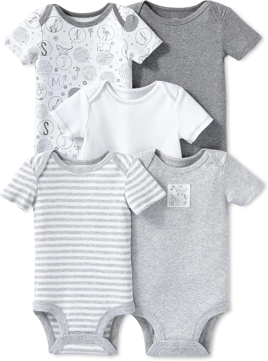 Lamaze Baby Super Combed Natural Cotton Short Sleeve Bodysuit, Snap Closure, 5 Pack