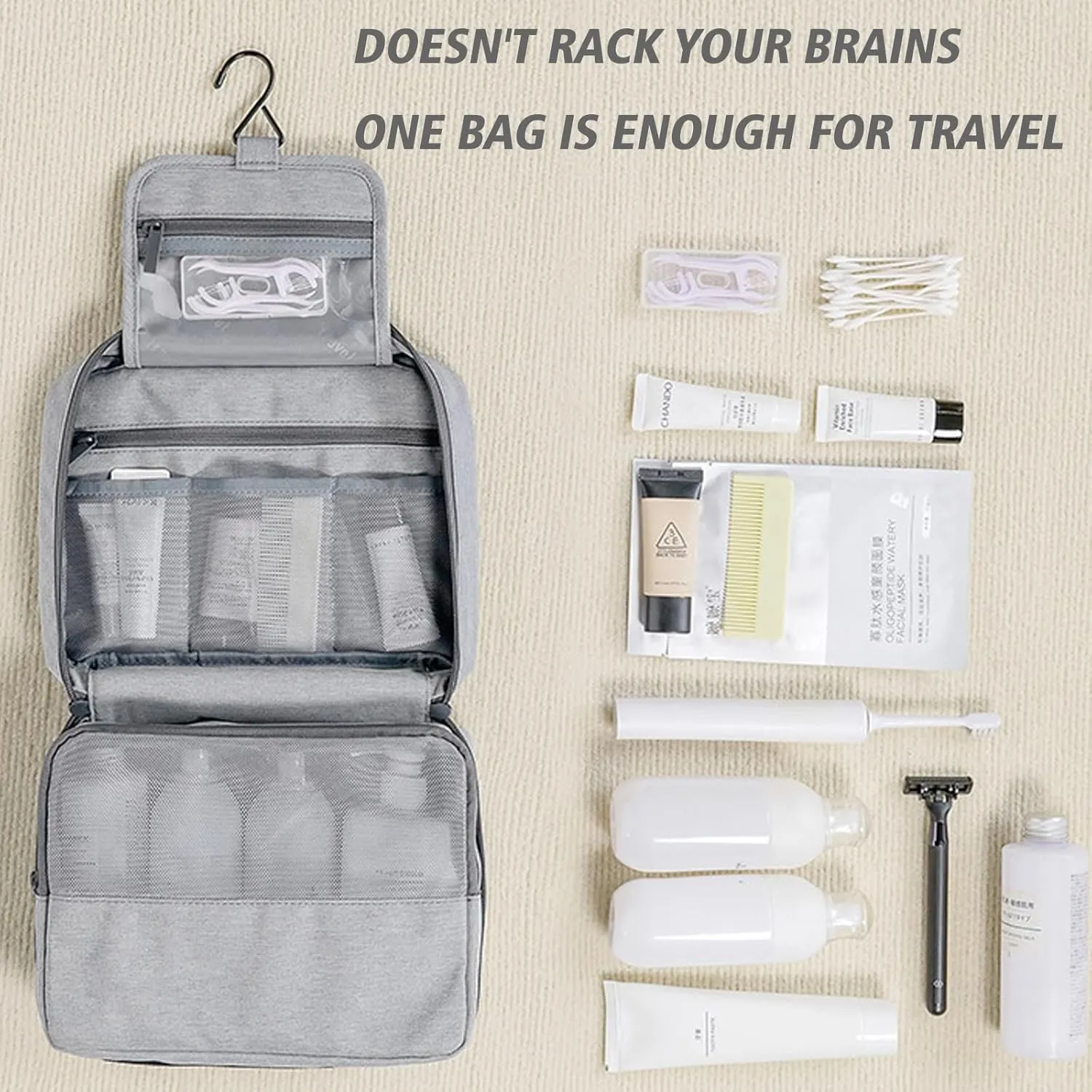 L&FY Hanging Toiletry Bags, Travel Makeup Toiletries Bag Organizer For Women & Men Dopp Kits Pouch For Travel Accessories, Essentials (Beige, L)