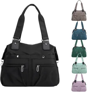 Langrents Nylon Tote Bag, Large Capacity Waterproof Multi Pocket Shoulder Bag, Lightweight Nylon Shoulder Bag with Zipper