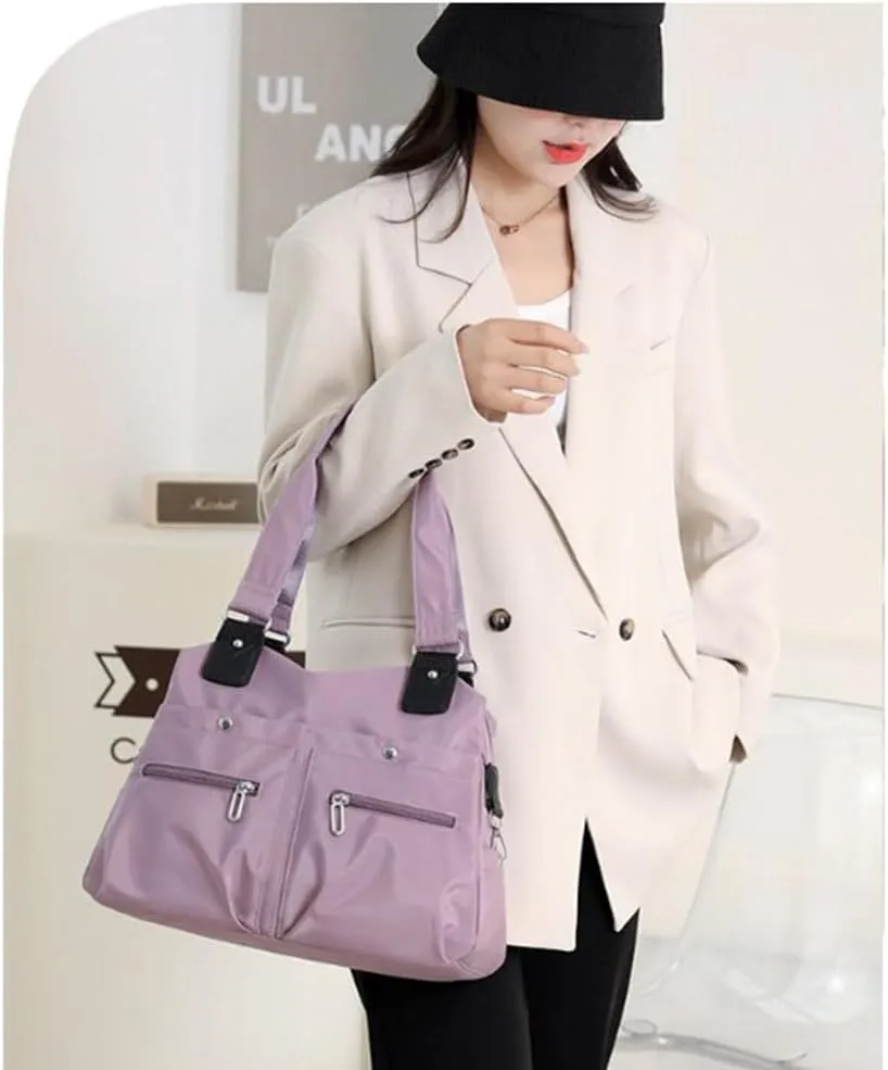 Langrents Nylon Tote Bag, Large Capacity Waterproof Multi Pocket Shoulder Bag, Lightweight Nylon Shoulder Bag with Zipper