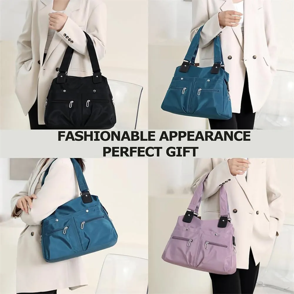 Langrents Nylon Tote Bag, Large Capacity Waterproof Multi Pocket Shoulder Bag, Lightweight Nylon Shoulder Bag with Zipper