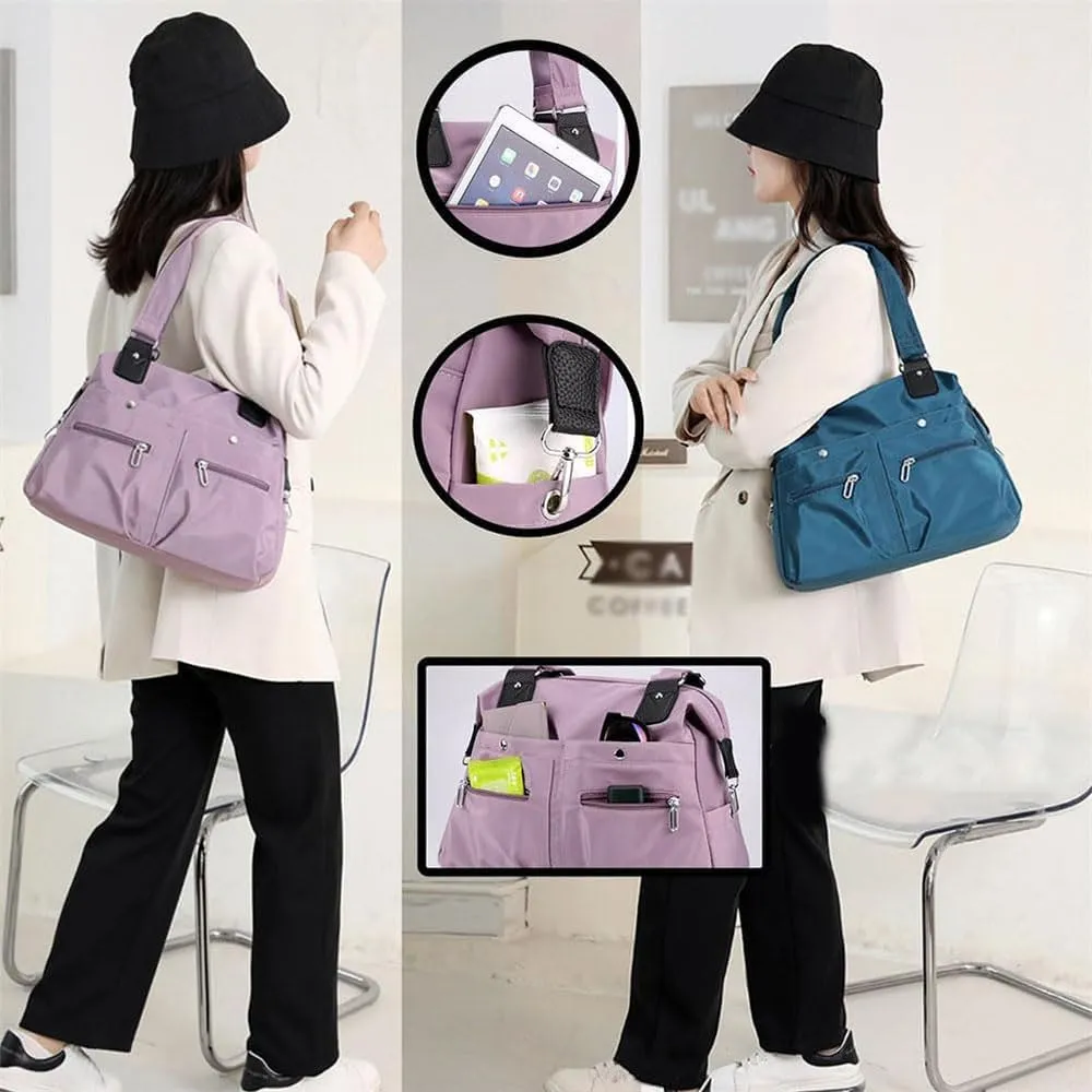 Langrents Nylon Tote Bag, Large Capacity Waterproof Multi Pocket Shoulder Bag, Lightweight Nylon Shoulder Bag with Zipper