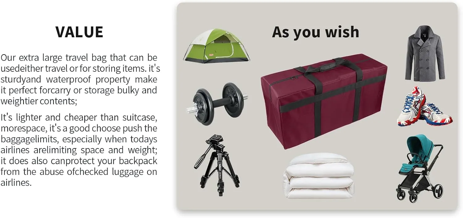 Large Duffle Bag Foldable Storage Bag Heavy Duty Sports Duffel Bag for Travel, Camping, Moving, Storage and More (100L Wine Red)
