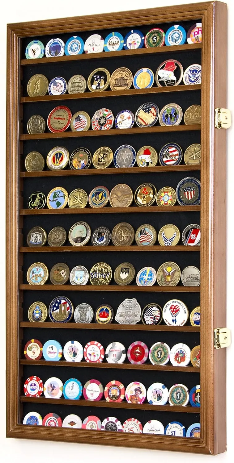 Large Military Challenge Coin Display Case Cabinet Holders Rack 98% UV - Lockable